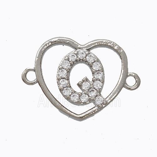 Copper Heart Connector Pave Zirconia Letter-Q Platinum Plated