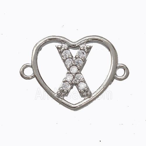 Copper Heart Connector Pave Zirconia Letter-X Platinum Plated