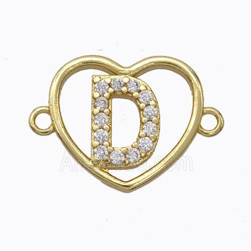 Copper Heart Connector Pave Zirconia Letter-D Gold Plated