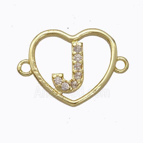 Copper Heart Connector Pave Zirconia Letter-J Gold Plated