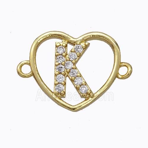 Copper Heart Connector Pave Zirconia Letter-K Gold Plated