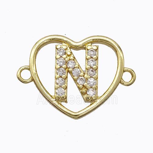 Copper Heart Connector Pave Zirconia Letter-N Gold Plated