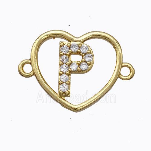 Copper Heart Connector Pave Zirconia Letter-P Gold Plated