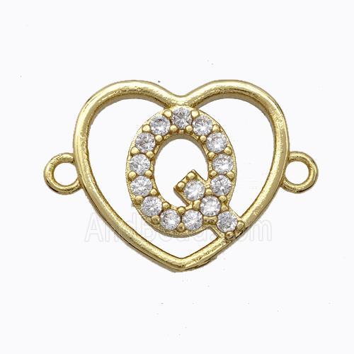 Copper Heart Connector Pave Zirconia Letter-Q Gold Plated