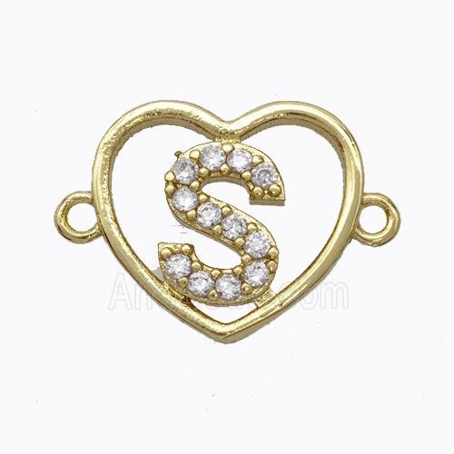Copper Heart Connector Pave Zirconia Letter-S Gold Plated