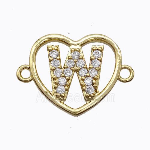 Copper Heart Connector Pave Zirconia Letter-W Gold Plated