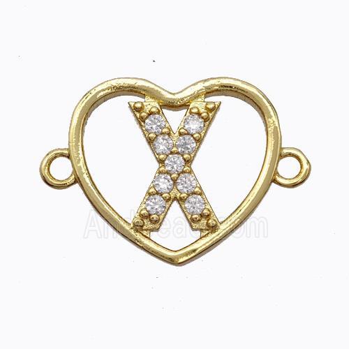 Copper Heart Connector Pave Zirconia Letter-X Gold Plated