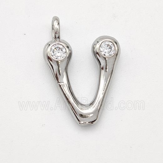 Copper Letter-V Pendant Pave Zirconia Platinum Plated