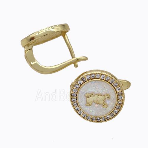 Copper Circle Latchback Earrings Pave Zirconia White Fire Opal 18K Gold Plated