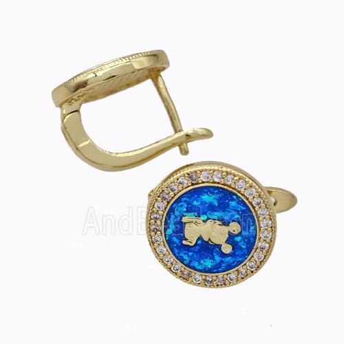 Copper Circle Latchback Earrings Pave Zirconia Blue Fire Opal 18K Gold Plated