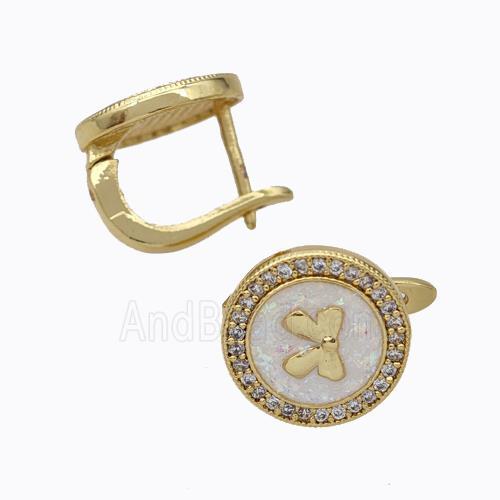Copper Circle Latchback Earrings Pave Zirconia Fire Opal Bow 18K Gold Plated