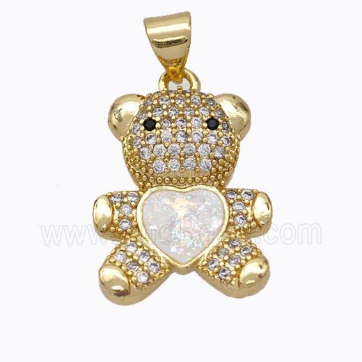 Copper Bear Pendant Micropave Zirconia White Fire Opal Heart 18K Gold Plated