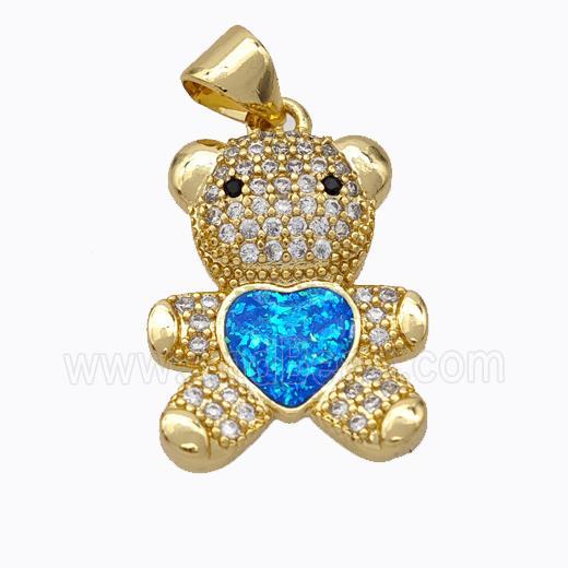 Copper Bear Pendant Micropave Zirconia Blue Fire Opal Heart 18K Gold Plated