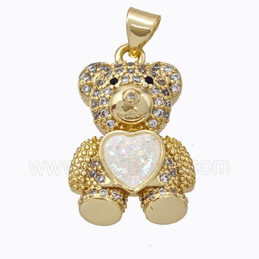 Copper Bear Pendant Micropave Zirconia White Fire Opal Heart 18K Gold Plated