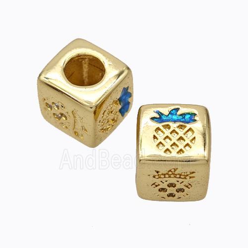 Copper Cube Beads Pave Zirconia Fire Opal Pineapple Large Hole 18K Gold Plated