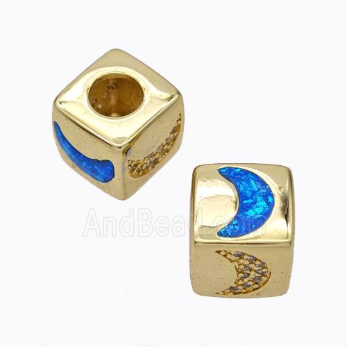 Copper Cube Beads Pave Zirconia Fire Opal Moon Large Hole 18K Gold Plated
