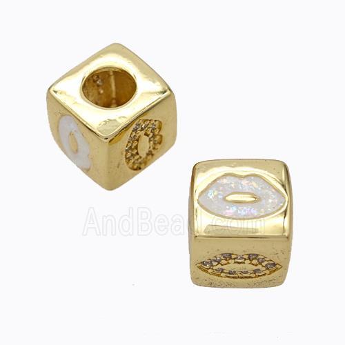 Copper Cube Beads Pave Zirconia Fire Opal Lips Large Hole 18K Gold Plated