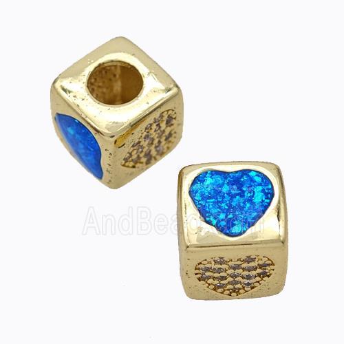 Copper Cube Beads Pave Zirconia Fire Opal Heart Large Hole 18K Gold Plated