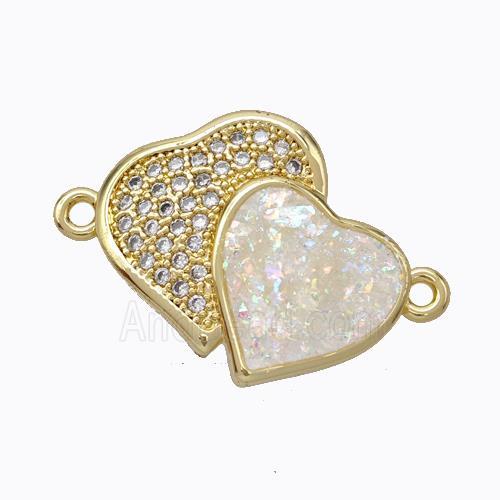 Copper Heart Connector Micropave Zirconia White Fire Opal Double 18K Gold Plated