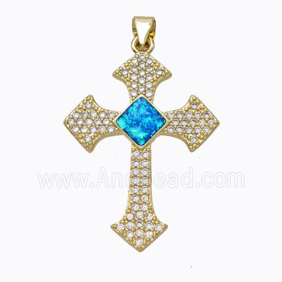 Copper Cross Pendant Micropave Zirconia Fire Opal 18K Gold Plated