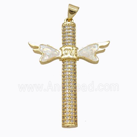 Copper Cross Pendant Micropave Zirconia Fire Opal LOVE Angelwings 18K Gold Plated