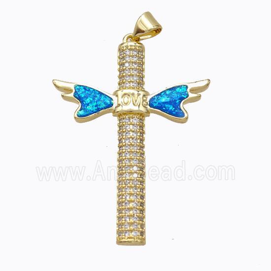 Copper Cross Pendant Micropave Zirconia Fire Opal LOVE Angelwings 18K Gold Plated