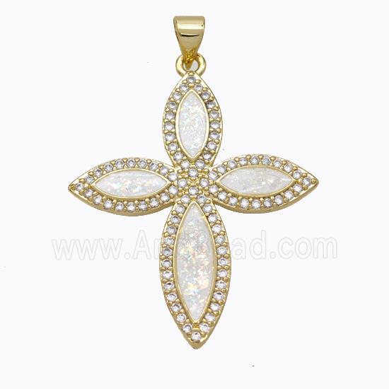 Copper Cross Pendant Micropave Zirconia White Fire Opal 18K Gold Plated