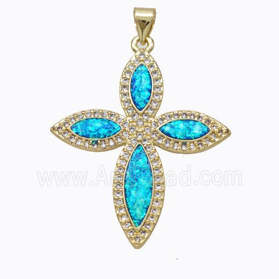 Copper Cross Pendant Micropave Zirconia Blue Fire Opal 18K Gold Plated