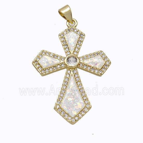 Copper Cross Pendant Micropave Zirconia White Fire Opal 18K Gold Plated