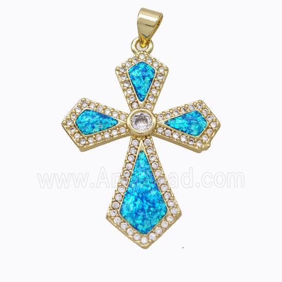 Copper Cross Pendant Micropave Zirconia Blue Fire Opal 18K Gold Plated