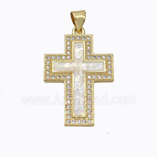 Copper Cross Pendant Micropave Zirconia White Fire Opal 18K Gold Plated