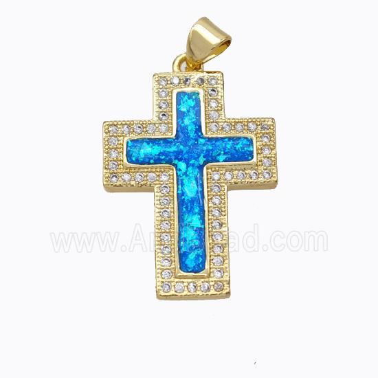 Copper Cross Pendant Micropave Zirconia Blue Fire Opal 18K Gold Plated