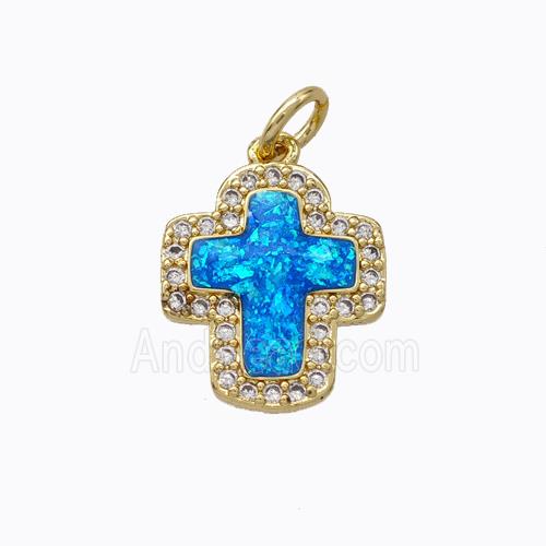 Copper Cross Pendant Micropave Zirconia Blue Fire Opal 18K Gold Plated
