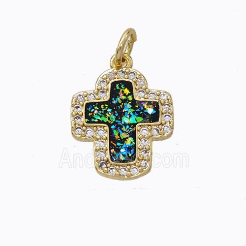 Copper Cross Pendant Micropave Zirconia Multicolor Fire Opal 18K Gold Plated