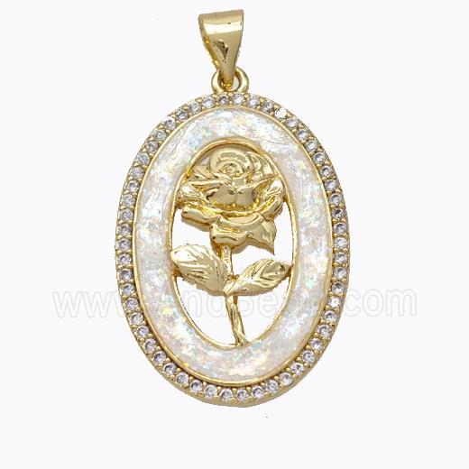 Copper Flower Pendant Micropave Zirconia White Fire Opal Oval 18K Gold Plated