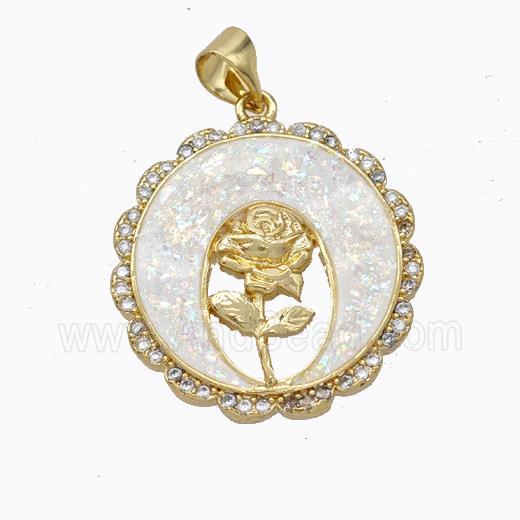 Copper Flower Pendant Micropave Zirconia White Fire Opal Circle 18K Gold Plated