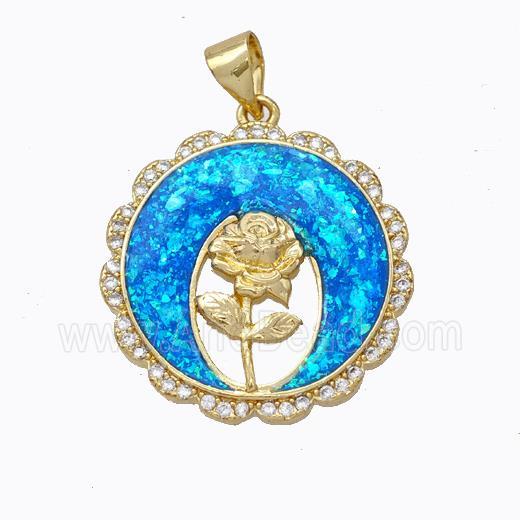 Copper Flower Pendant Micropave Zirconia Blue Fire Opal Circle 18K Gold Plated