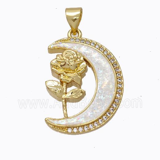 Copper Flower Pendant Micropave Zirconia White Fire Opal Moon 18K Gold Plated