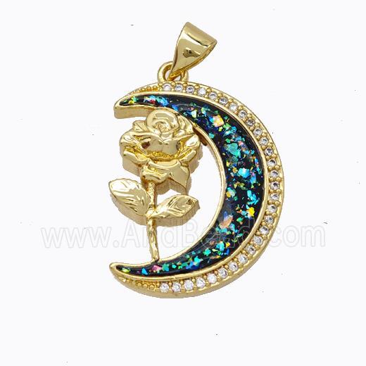 Copper Flower Pendant Micropave Zirconia Multicolor Fire Opal Moon 18K Gold Plated
