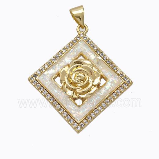 Copper Flower Pendant Micropave Zirconia White Fire Opal Square 18K Gold Plated