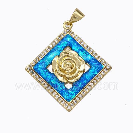 Copper Flower Pendant Micropave Zirconia Blue Fire Opal Square 18K Gold Plated