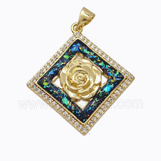 Copper Flower Pendant Micropave Zirconia Multicolor Fire Opal Square 18K Gold Plated