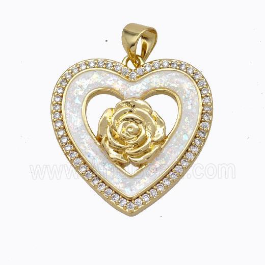 Copper Heart Pendant Micropave Zirconia White Fire Opal Flower 18K Gold Plated