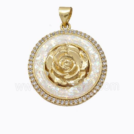Copper Flower Pendant Micropave Zirconia White Fire Opal Circle 18K Gold Plated