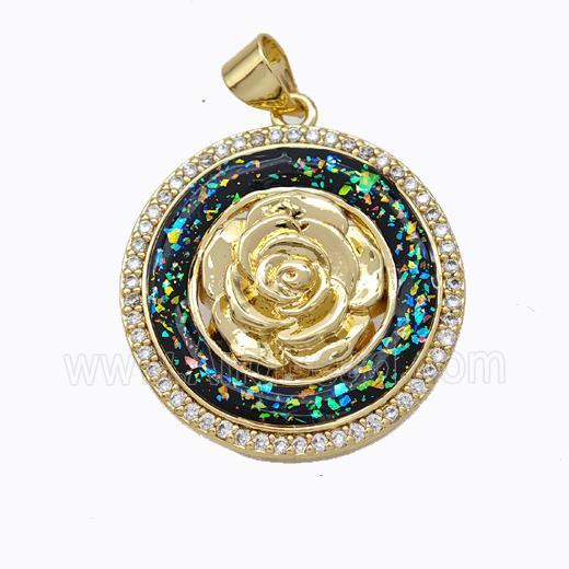 Copper Flower Pendant Micropave Zirconia Multicolor Fire Opal Circle 18K Gold Plated