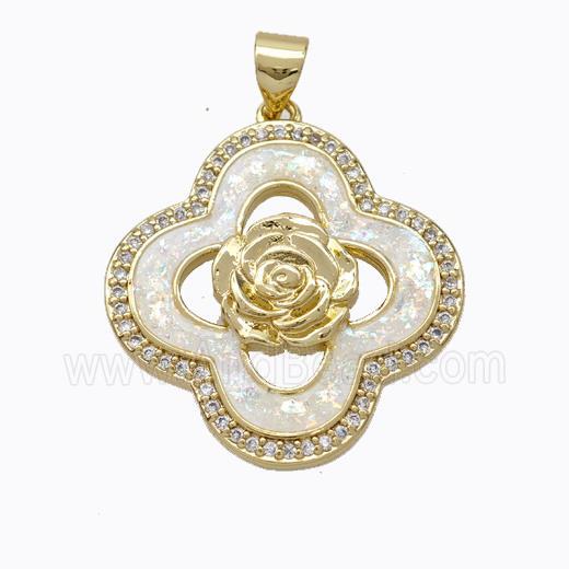 Copper Clover Pendant Micropave Zirconia White Fire Opal Flower 18K Gold Plated