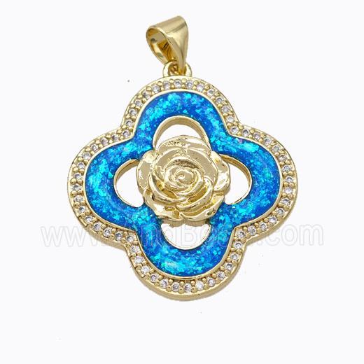 Copper Clover Pendant Micropave Zirconia Blue Fire Opal Flower 18K Gold Plated