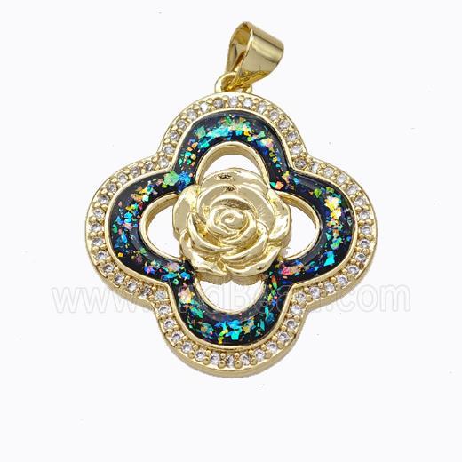 Copper Clover Pendant Micropave Zirconia Multicolor Fire Opal Flower 18K Gold Plated