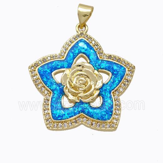 Copper Flower Pendant Micropave Zirconia Blue Fire Opal 18K Gold Plated