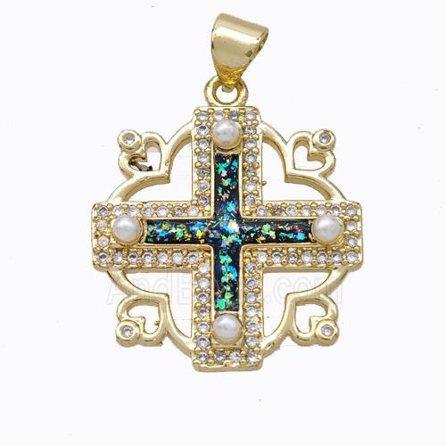 Copper Cross Pendant Pave Multicolor Fire Opal 18K Gold Plated